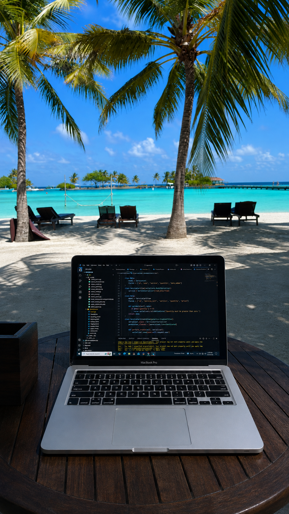 Ordinateur portable de développement face à une plage tropicale
