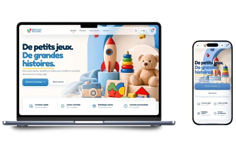 Aperçu du site Becom Store sur ordinateur et téléphone