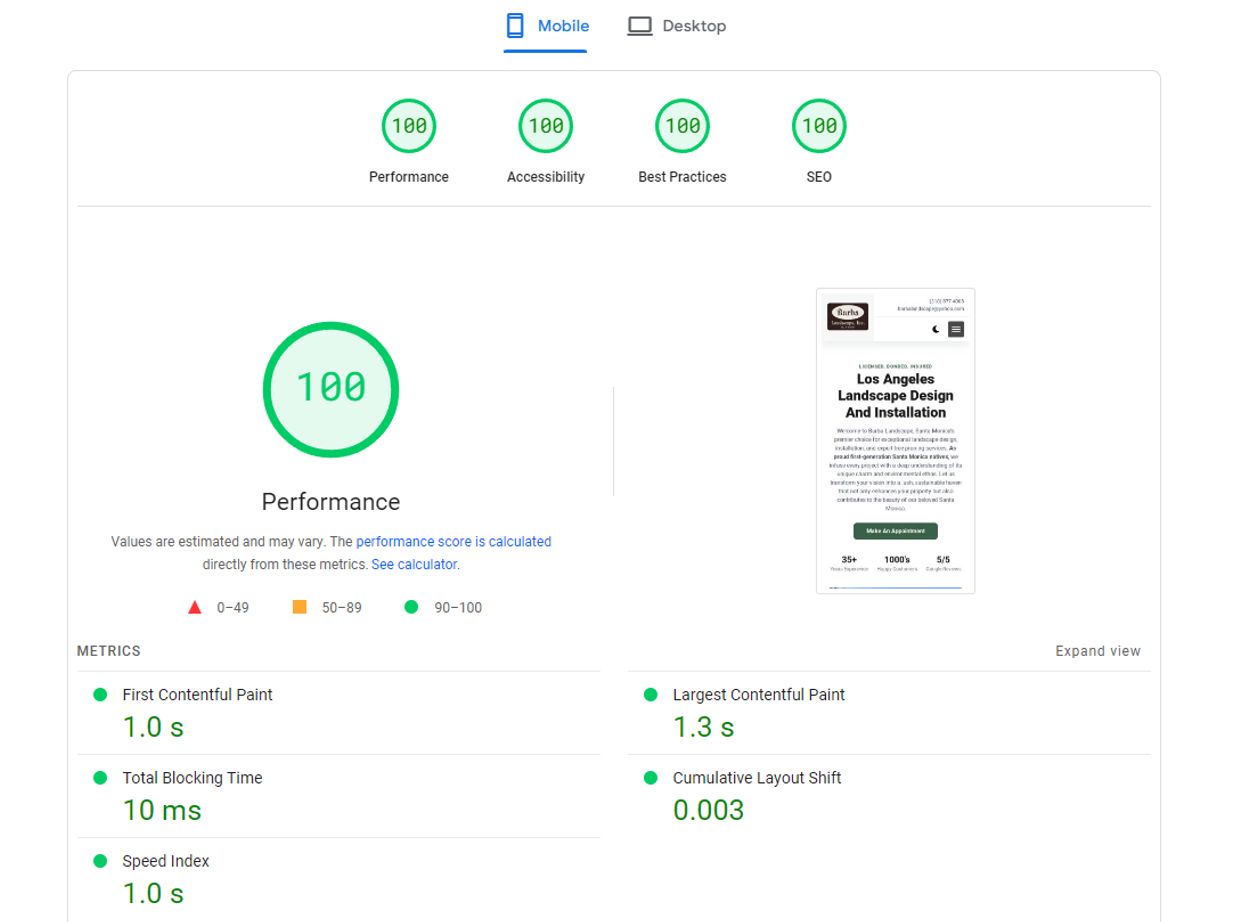 une capture d'écran montrant les scores parfaits de vitesse de page Google